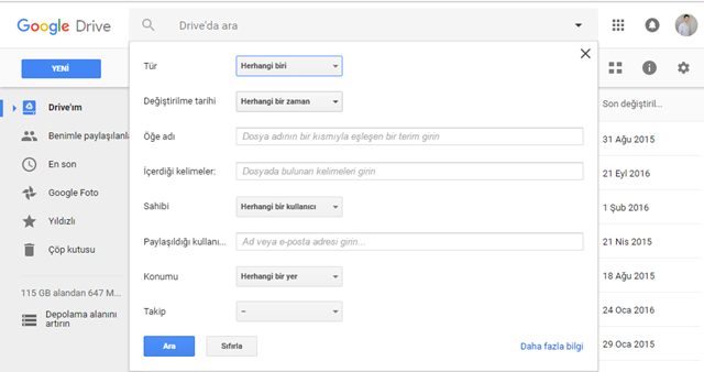 google drive'da hızlı arama
